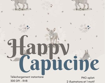 Seamless pattern for children, cute little donkey, original PNG design and illustrations, instant download for digital printing