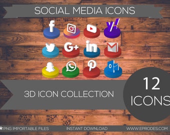 3D Social media icons, logo 2020 PNG Collection, Social Networks Logos for business cards marketing & email signature, Instant download