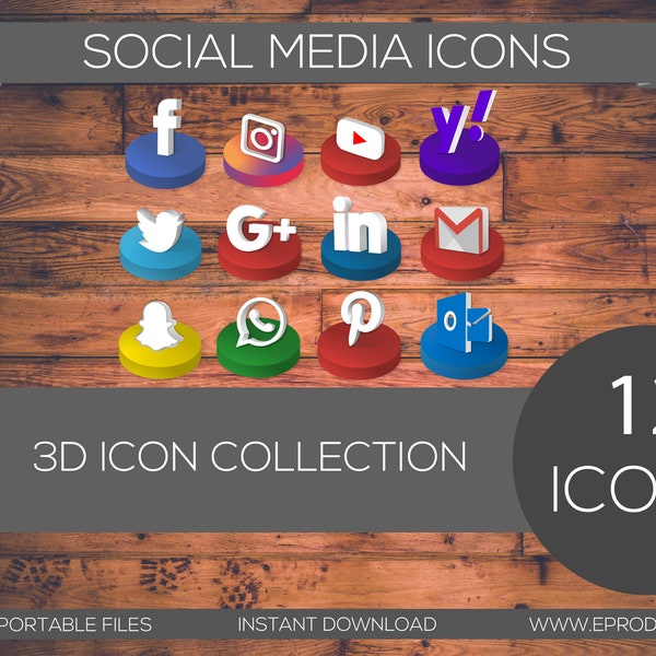 3D Social media icons, logo 2020 PNG Collection, Social Networks Logos for business cards marketing & email signature, Instant download