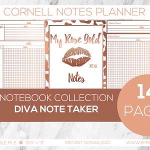 Op de afbeelding: Een printbare planner met 14 pagina's met een roosgoud ontwerp met de tekst "My Rose Gold Notes" en XOXO. De planner is 8,5 inch bij 11 inch en is een niet-bewerkbaar bestand. De planner maakt deel uit van een notitieboekcollectie genaamd "Diva Note Taker".