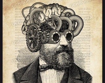 Unique and original Steampunk digital illustration of a man with artificial brain. Engraving antique syle for vintage and industrial design