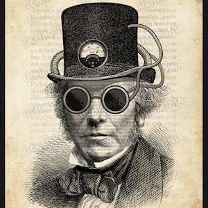 Unique and original Steampunk portrait of a man with top hat. Engraving victorian syle for a vintage and industrial design. Instant download image 1