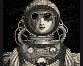 Unique and original Steampunk illustration of a woman astronaut. Engraving victorian syle for a vintage and industrial design. Downloadable