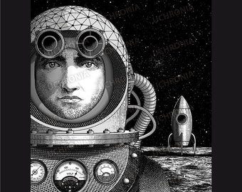 Unique and original Steampunk digital artwork of an astronaut on the moon. Engraving victorian syle for vintage wall art decoration