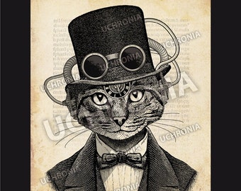 Digital drawing of a Steampunk cat, top hat, pipes, glasses. Style vintage victorian, deco, wall art, poster, t-shirt... Downloadable print