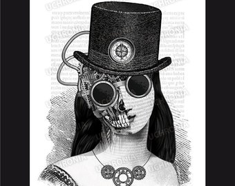 Unique and original steampunk illustration of a machine woman with skull face. Engraving victorian syle for a vintage and industrial design