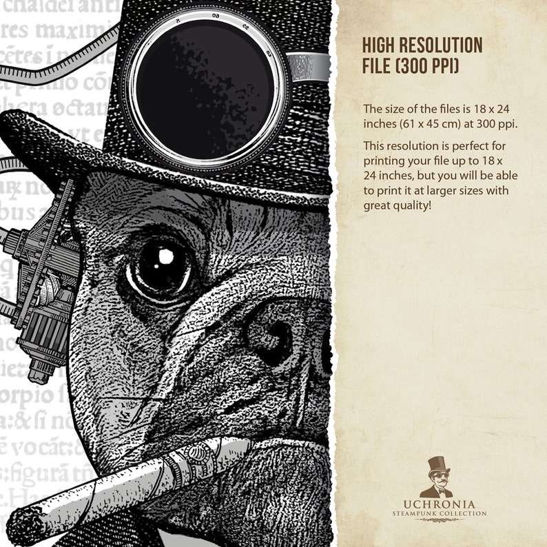 Steampunk Dog in Bowler Hat, Smoking a Cigar. Style Vintage Victorian