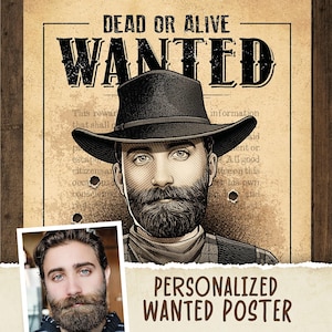 Poster Wanted personalizzato. Il tuo ritratto personalizzato illustrato nello stile vintage e antico del selvaggio West!