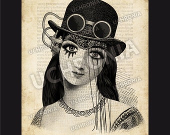 Unique and original illustration of a steampunk girl with a bowler hat. Engraving victorian syle for a vintage and industrial design