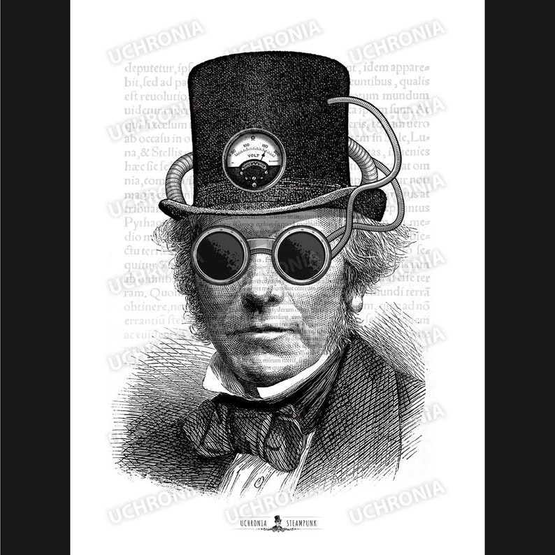 Unique and original Steampunk portrait of a man with top hat. Engraving victorian syle for a vintage and industrial design. Instant download image 2