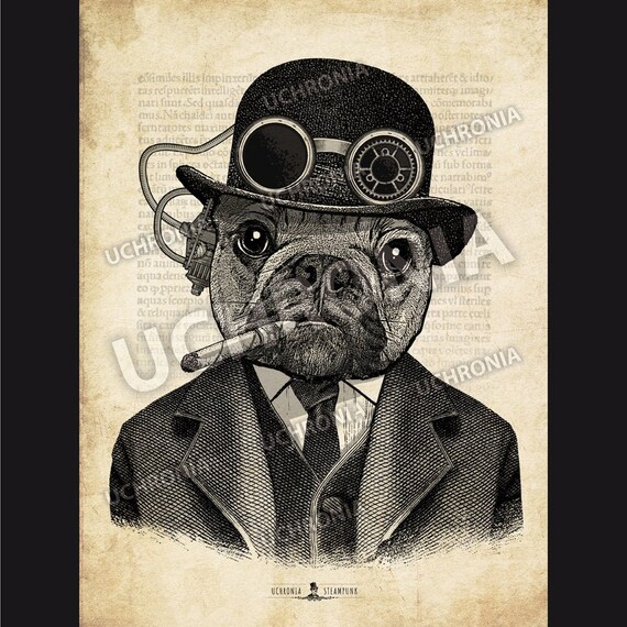 Steampunk Dog in Bowler Hat Smoking a Cigar. Style Vintage Etsy