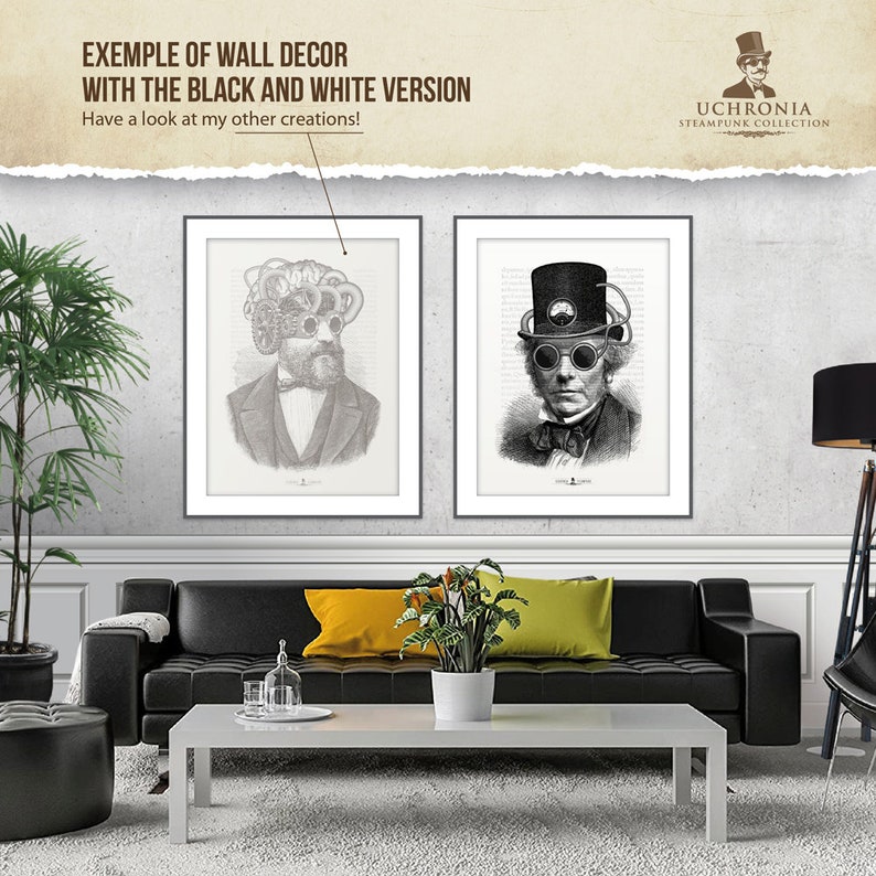 Unique and original Steampunk portrait of a man with top hat. Engraving victorian syle for a vintage and industrial design. Instant download image 6