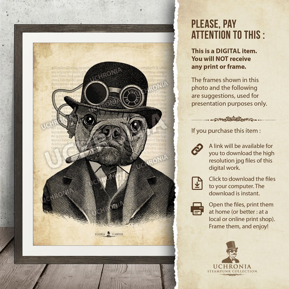 Steampunk Dog in Bowler Hat, Smoking a Cigar. Style Vintage Victorian