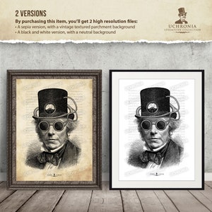 Unique and original Steampunk portrait of a man with top hat. Engraving victorian syle for a vintage and industrial design. Instant download image 4