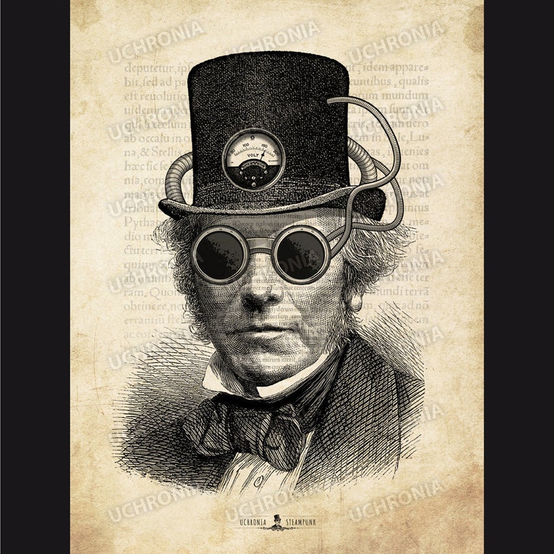 Unique and original Steampunk portrait of a man with top hat. Engraving victorian syle for a vintage and industrial design. Instant download image 1