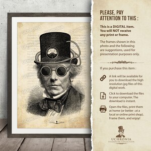 Unique and original Steampunk portrait of a man with top hat. Engraving victorian syle for a vintage and industrial design. Instant download image 3