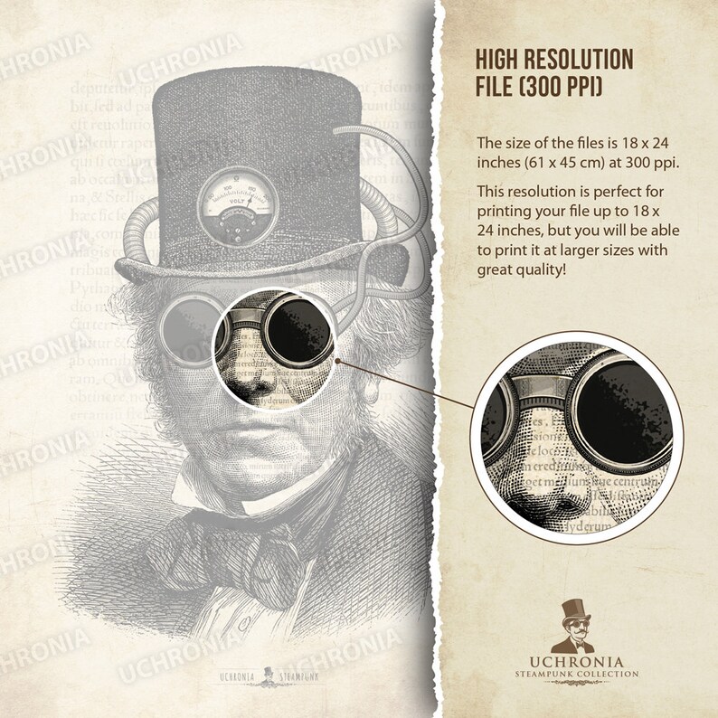 Unique and original Steampunk portrait of a man with top hat. Engraving victorian syle for a vintage and industrial design. Instant download image 8