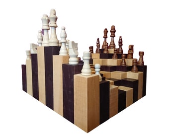 3D Schachbrett - Großes handgefertigtes Holz Set - Perfektes Geschenk für Schachliebhaber - Schachfiguren Optional -Königsgambit - Nerd Dekor