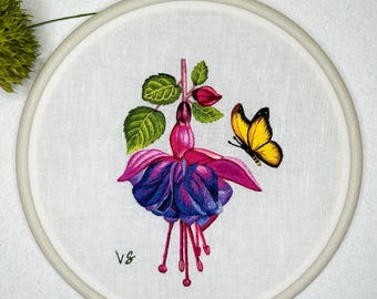 Hand-Embroidered Fuchsia Flower Hoop Art with Yellow Butterfly – Needle Painting Fiber Decor