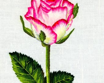 Hand Embroidered Pink Rose Hoop Art: Needle Painting, Floral Decor, Original work, Needle Painting, Finished embroidery