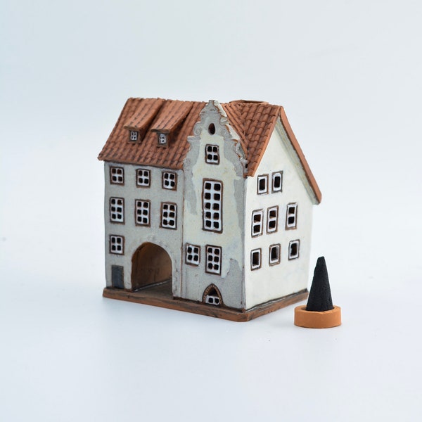 Ceramic house original miniature of Riga Swedish gate for house décor, Pottery house incense holder christmas gifts for others, Little house