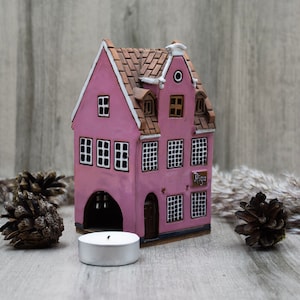 Ceramic miniature of the original house in Riga, Clay house tea light holder, Collectible pottery house candle holder,  Ceramic model house