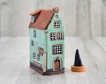 Small ceramic original miniature of the house in Riga, Ceramic incense burner, Tiny house gift for home, Ceramic collectible house