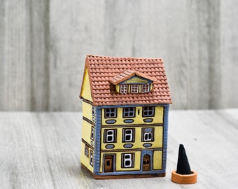 Incense holder tiny house, Pottery handmade cottagecore decor incense stick holder, Clay incense burner replica of the Riga house