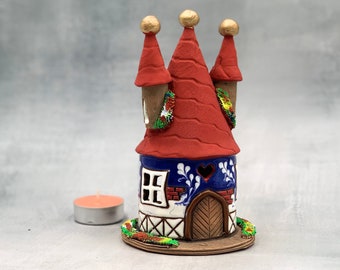 陶器製教会用ティーライトホルダー：コレクター向けミニチュアハウス