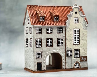 Pottery handmade tealight candle holder miniature of the original house Swedish gate in Riga, Home sweet home shelf decor ceramic lamp