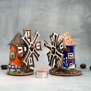 Windmill ceramic candle holder cottagecore room decor, Pottery handmade desk lamp lake house decor, Christmas gifts for mom shelf decor