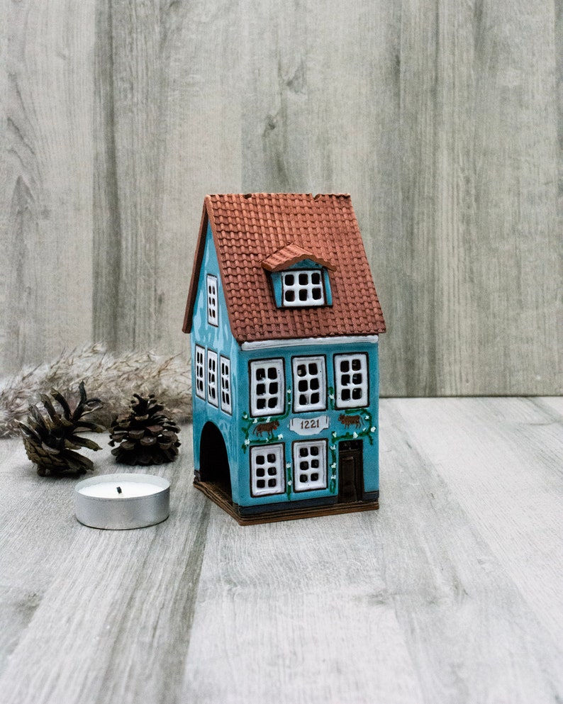 Ceramic tea light house collectible miniature house warming gifts new home, Pottery handmade cottagecore decor desk lamp best friend gift image 1