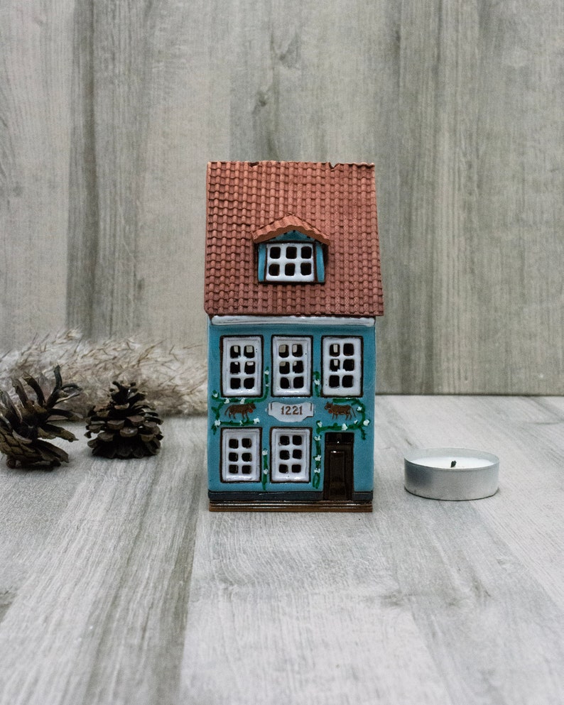 Ceramic tea light house collectible miniature house warming gifts new home, Pottery handmade cottagecore decor desk lamp best friend gift image 3