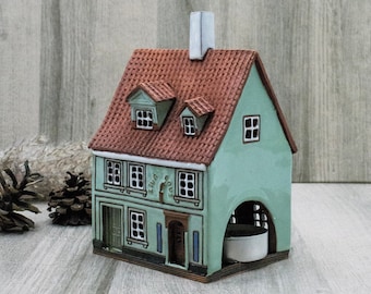 Handmade ceramics tealight candle holder bookshelf decor, Pottery handmade collectible  miniature desk lamp, Ceramic tea light house