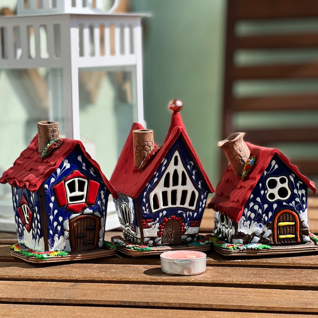 Fairy Garden Accessories Set of 3 Ceramic Houses Candlestick Etsy
