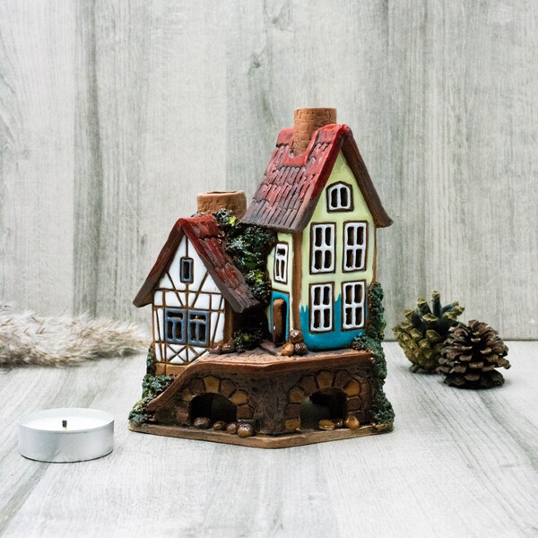 House warming gift candle holder oil burner, Handmade ceramics fairy house aesthetic room decor, Pottery tealight candles grandparent gifts