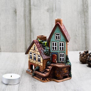 Сandle holder for aesthetic candle handmade ceramics, House warming gift ceramic house oil burner, Outdoor decor home sweet home host gift image 1