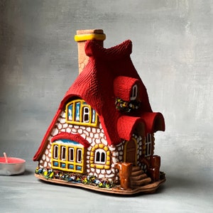 Handmade pottery Tea light candle holder essential oil diffuser christmas village , Fairy house mother in law christmas gift home sweet home