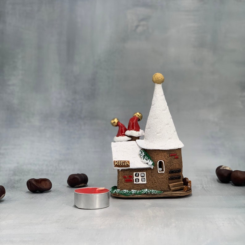 Ceramic house tea light holder, Christmas decoration, Winter house, Home decorative item, Clay home decor, Miniature ceramic house, Present Brown fence