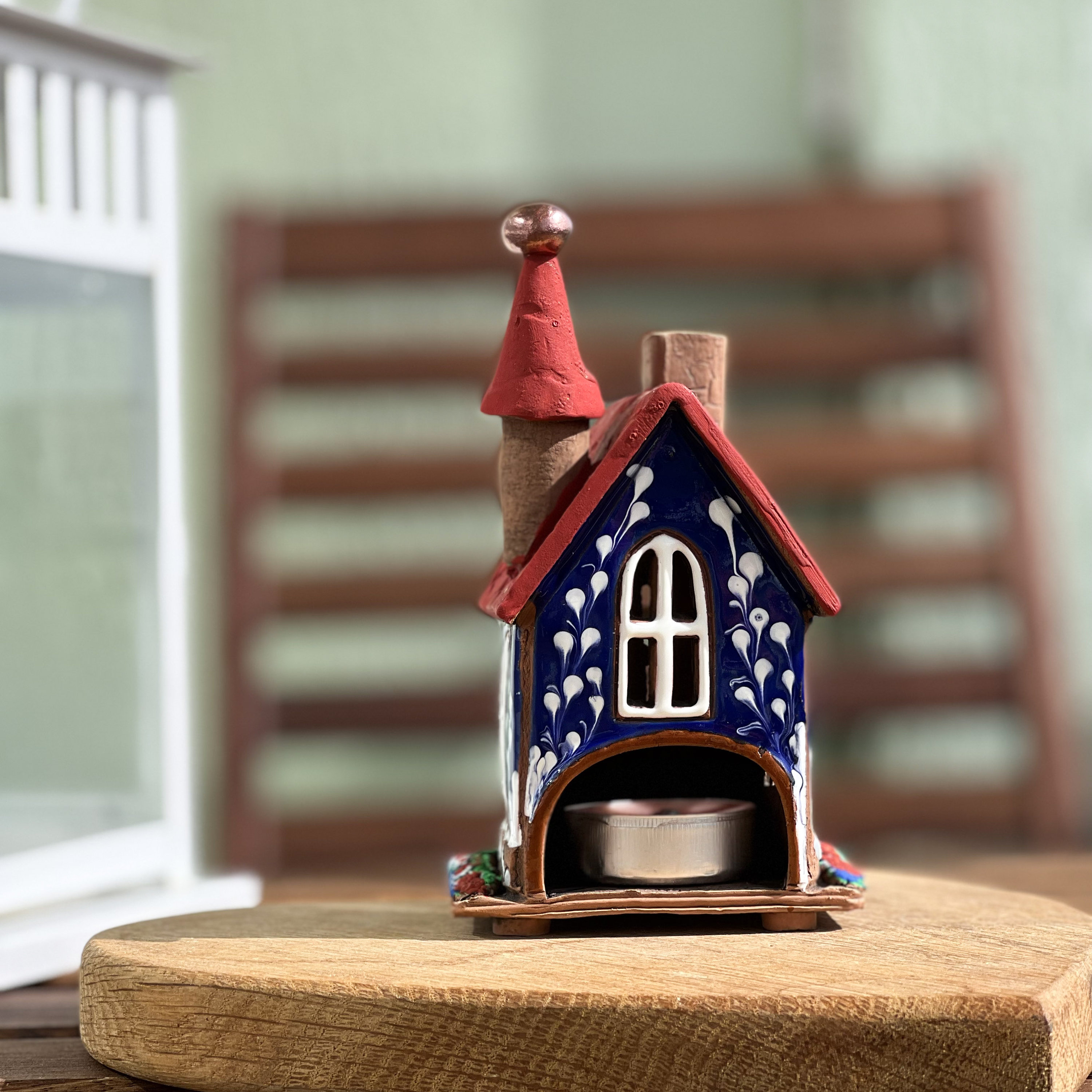 Red Candle Lantern, House Design - Modern Handmade Ceramic - Small