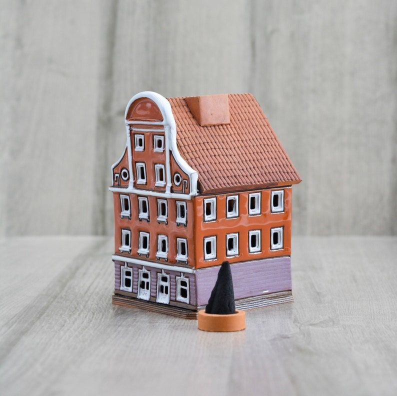 Incense holder small pottery house original miniature gift for home, Ceramic Latvian building collectible house dad gift, Tiny ceramic house image 1