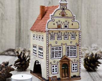 Ceramic handmade Latvian house tea light holder, Original miniature of the Three Brothers in Riga, Little house candle holder, Ceramic art