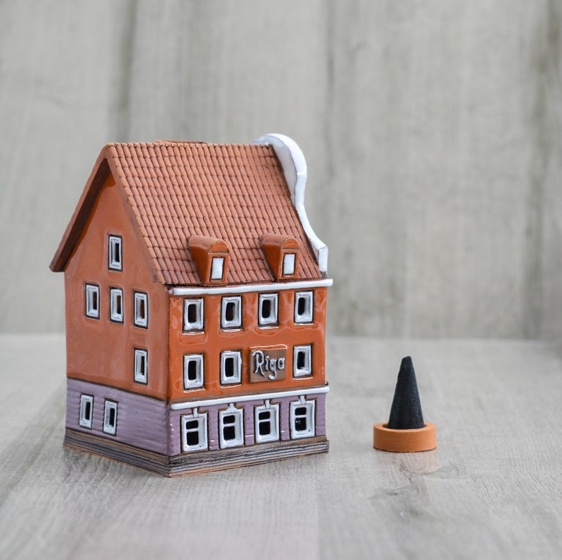 Incense holder small pottery house original miniature gift for home, Ceramic Latvian building collectible house dad gift, Tiny ceramic house image 5