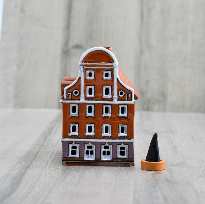 Incense holder small pottery house original miniature gift for home, Ceramic Latvian building collectible house dad gift, Tiny ceramic house image 3