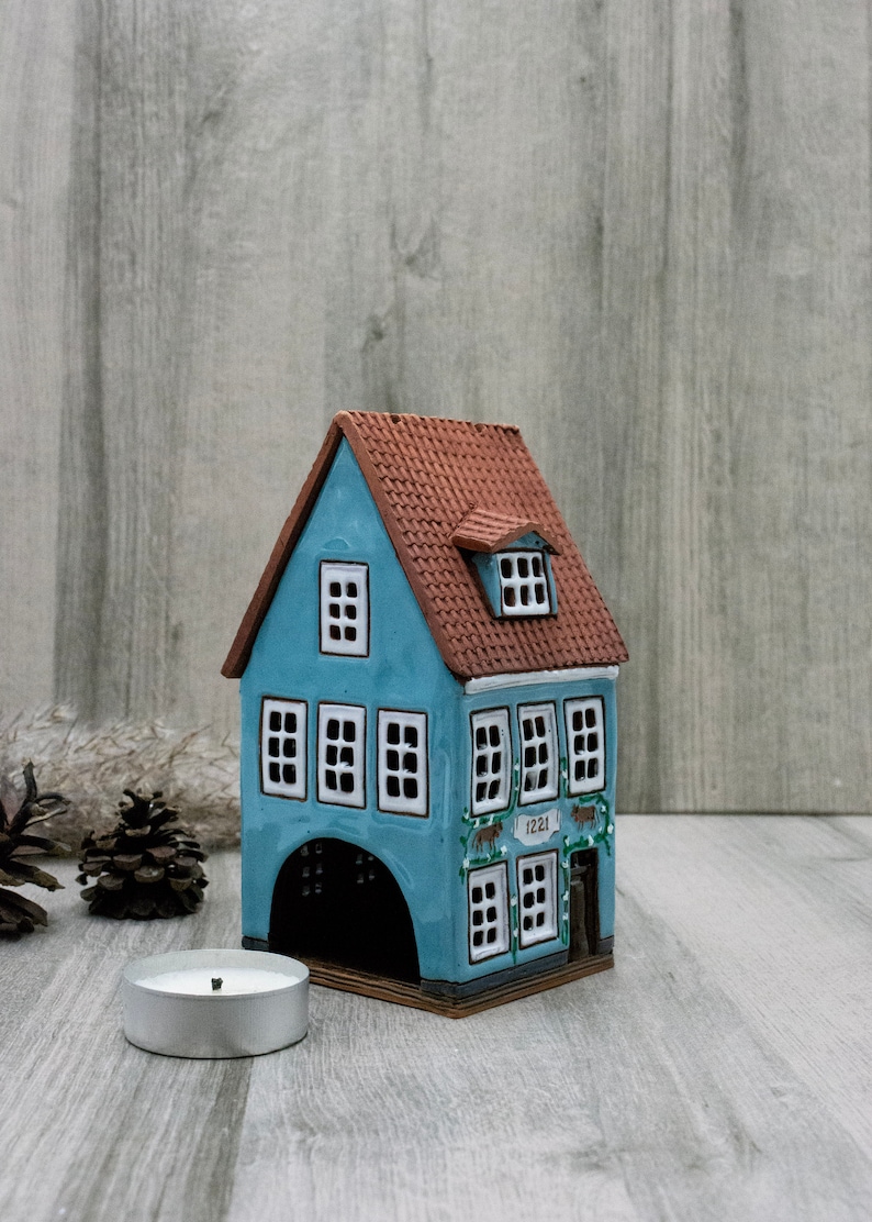 Ceramic tea light house collectible miniature house warming gifts new home, Pottery handmade cottagecore decor desk lamp best friend gift image 4