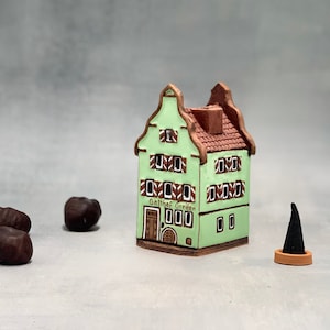 Incense cone holder tiny Rothenburg ob der tauber house bookshelf decor, Handmade ceramics cottagecore decor incense burner