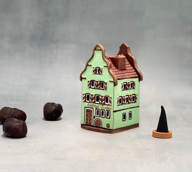 Incense cone holder tiny Rothenburg ob der tauber house bookshelf decor, Handmade ceramics cottagecore decor incense burner image 1