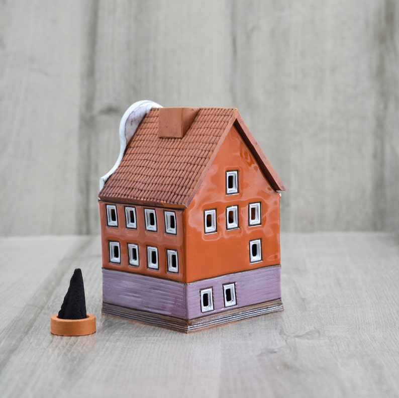 Incense holder small pottery house original miniature gift for home, Ceramic Latvian building collectible house dad gift, Tiny ceramic house image 6