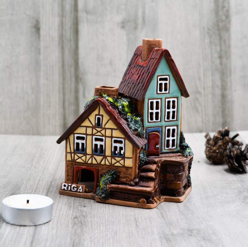 Сandle holder for aesthetic candle handmade ceramics, House warming gift ceramic house oil burner, Outdoor decor home sweet home host gift image 3
