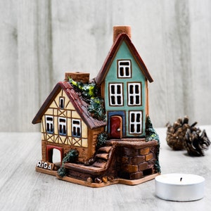 Сandle holder for aesthetic candle handmade ceramics, House warming gift ceramic house oil burner, Outdoor decor home sweet home host gift image 2